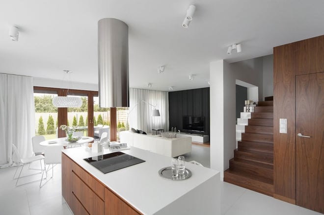 Love the clean lines and white, modern style warmed up with some beautiful woods.